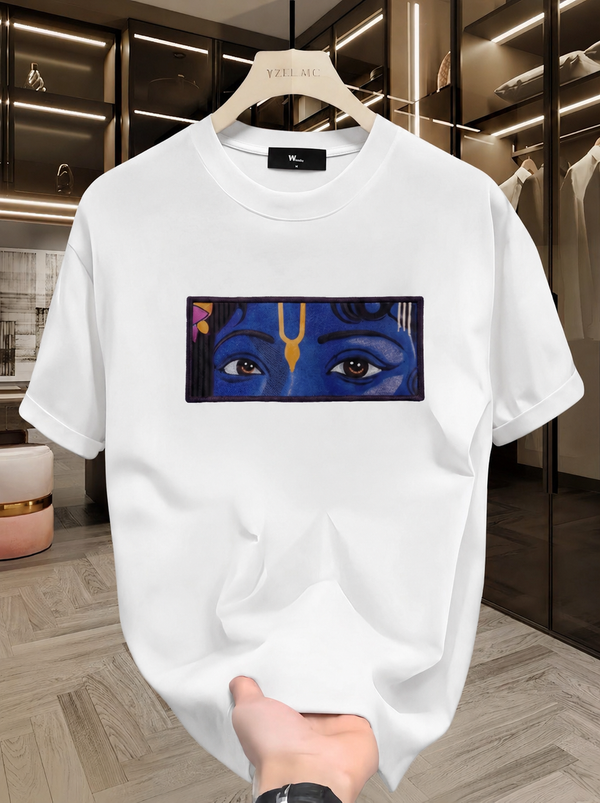 Krishna Eyes Embroidery Oversized 100% Cotton Tshirt – Premium Devotional Streetwear